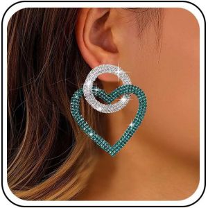 Kal-Boucles D'oreilles Grand Coeur En Strass Boucles D'oreilles Gouttes De Cristal Coeur Vert Boucles D'oreilles Pendantes Cercle Creux En Strass Boucles D'oreilles Clous En Cz - Neuf