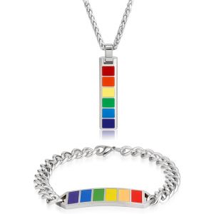 Kal-2 Pcs Lgbt Arc En Ciel Collier, Acier Inoxydable Lgbt Gay Pride Bracelet Arc-En-Ciel Bijoux Pendentif Breloques Pour Femmes Hommes Gay Lesbienne Décor - Neuf