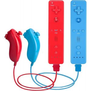Lot De 2 Manettes Et Nunchuck Pour Console Wii/Wii U, Manette De Jeu Avec Étui En Silicone Et Dragonne Pour Les Fêtes (Rouge Et Bleu) - Neuf