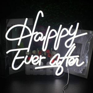 Happy Ever After Enseigne au néon Néon blanc pour décoration murale Lettre USB Néon Joyeux Néon pour chambre à coucher Maison Bar Pub Mariage Anniversaire Décoration Fête Cadeau - Neuf