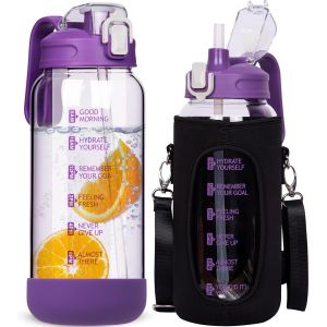 Cmws-2l Gourde Verre Motivation Avec Paille Et Marqueur De Temps 2 Litres Grand Transparente Bouteille Eau Verre Borosilicat&eacute; Carafe Eau Pichet En Verre - Neuf