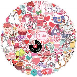Bgiiik-Lot De 100 Autocollants En Forme De C?Ur Rose - Autocollants Mignons Pour Scrapbooking - Autocollants Esthétiques Pour Bouteilles D'eau - En Vinyle Imperméable - Pour Enveloppes, Ordinateur - Neuf