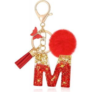 KAL-Initiale Letter Keychains Porte Cl&eacute; Lettre,Alphabet Initial Keyring Avec Papillon Pompon Pendentif,Rouge Feuille D'Or Key Ring Pour Femmes Portefeuilles Sac &Agrave; Main Bagages Charme - Neuf