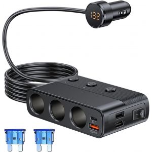 127W Adaptateur de Prise Allume-Cigare 3 Prises/USB QC 3.0 /PD/Dual USB,12V/24V Multiprise de Voiture de Allume Cigare avec Interrupteur Individuel et Voltm&egrave;tre LED - Neuf