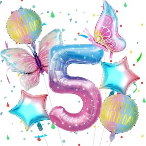 5 Year Birthday Balloon Gradient Stars, 7Pcs Birthday Balloon Set With Large Foil Balloon Number 5, 40 Inches Balloons, Balloon 5 Year Decoration Birthday Flying Thanks To Helium - Neuf