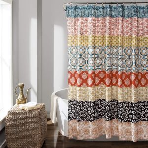Rideau de douche à rayures bohèmes colorées et audacieuses, 89 x 183 cm, turquoise et orange (1 pièce) - Neuf