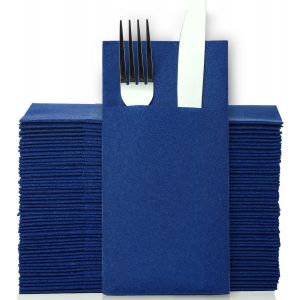 Tianyi-50 Pcs Qualite Serviette Porte Couvert Jetable Bleu Roi Serviette De Table Intisse Epaisse Bleu Fonce Avec Poche Pour Mariage, Noël Ou La Fête 40 * 40cm - Neuf