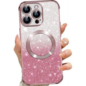 SJZG-Coque Magn&eacute;tique Pour Iphone 15 Pro Max, Etui &Agrave; Paillettes Compatible Avec Magsafe, Antichoc Charge Sans Fil Housse Pour Iphone 15 Pro Max, Avec 2 Verre Tremp&eacute;, Rose - Neuf