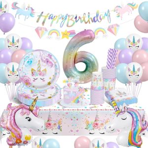 Cauc-Ensemble De Vaisselle Licorne Pour F&ecirc;te D'anniversaire De 6 Ans - Assiettes En Carton, Serviettes De Table - D&eacute;coration Pour 16 Invit&eacute;s - Neuf