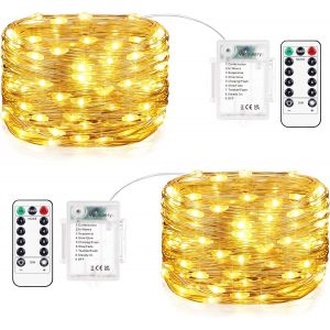 TIANYI-Guirlande LED &agrave; Pile 2 Pi&egrave;ces 12M 12 LED Guirlande Lumineuse Pile 8 Modes Guirlande Lumineuse LED avec Minuterie et T&eacute;l&eacute;commande pour Chambre Terrasse Int&eacute;rieure Ext&eacute;rieure D&eacute;coration(Blanc Ch - Neuf