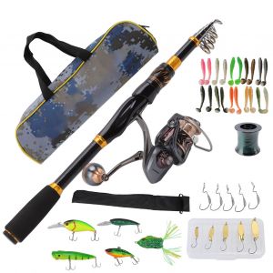 Ensemble Canne A Peche Et Moulinet De 2,1 M, Kit De Leurres En Carbone Avec Moulinet A Tambour, Ligne, Hamecons, Sac De Transport - Neuf