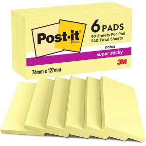 Jexnovashop-Post-It Notes Autocollantes Super Sticky, Pack De 6 Blocs, 90 Feuilles Par Bloc, 76 Mm X 127 Mm, Jaune Canari - Feuillets Super Adhésifs Pour Prise De Notes, Listes De Tâches Et Rappels - Neuf