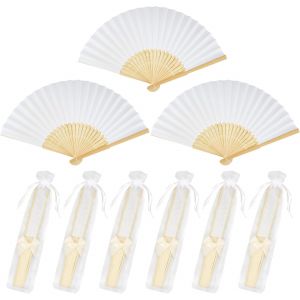 MEVRONISSHOP-24pcs Eventail Mariage Eventail Pliant Blancs en Bois +24pcs Sac en Organza +24pcs Noeud Mariage pour Invit&eacute;s Cadeau F&ecirc;te D&eacute;coration - Neuf