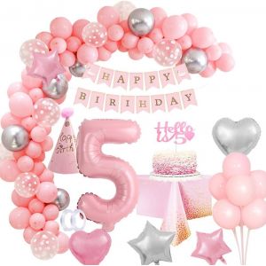 ChicSlick-5 Ans Anniversaire Fille 5 Ans Ballon Anniversaire Decoration Rose, Bannière Joyeux Anniversaire Deco Rose Ballon Géant Numéro 5, Nappe Rose Arche Ballon Pour 5 Ans Bébé Fille Douc[X2785] - Neuf