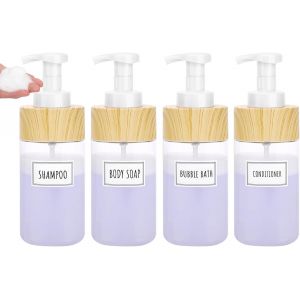 Flacon Pompe Vide 500ml,4 Pièces Distributeur Savon Mousse,Distributeur Savon Liquide,Pousse Mousse Distributeur avec Etiquettes,Distributeur Gel Douche Transparent - Neuf