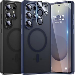 SJZG-Pour Samsung Galaxy S25 Ultra Coque,5-En-1 Kit Coque Pour Samsung Galaxy S25 Ultra Case Protection Cover,1 Coque & 2 Verre Tremp&eacute; & 2 Cam&eacute;ra Arri&egrave;re Protecteur - Givr&eacute; Bleu - Neuf