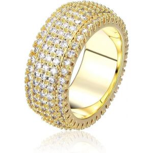 Bague Pour Homme Et Femme - Largeur Personnalis&eacute;e - 9 Mm - Avec Cristal De Zircone - Plaqu&eacute; Or 14 Carats - Brillante - Bague De Fian&ccedil;ailles - Neuf