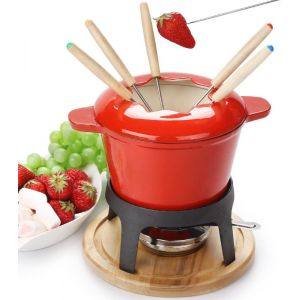Subzonal-Fondue En C&eacute;ramique En Fonte Fondue Bourguignonne Fonte Service &Agrave; Fondue Au Fromage Avec 6 Fourchettes Avec Br&ucirc;leur Convient &Agrave; Fromage Chocolat Du Pain Des Fruits L&eacute;gume Guimauve (Rouge O2) - Neuf