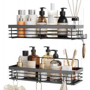 Serviteur de Douche Etagère avec 5 Crochets pour Salle de Bain Panier Toilette Cuisine Spice Rack Acier Inoxydable SUS304 sans Perçage-2 Pack¿Noir¿ - Neuf