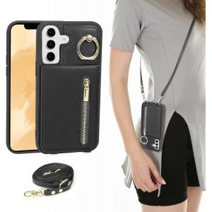 Maa-Coque Pour Samsung Galaxy A15 Coque Etui Avec Sangle Réglable Portefeuille En Cuir Anti-Rfid Pochette Magnétique Flip Case Étui Cover Housse Protection Avec Anneau-Noir - Neuf