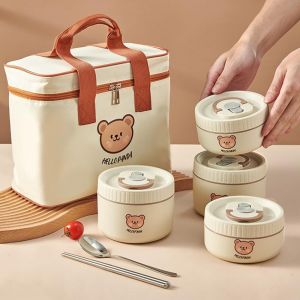 Lunch Box, 1620 ML Boite Repas avec 4 Compartiments + Couverts + Tasse Isolant + Sac Isotherme Repas, Bento Lunch Box Herm&eacute;tique pour Pique-Nique, Travail, Go&ucirc;ter, Micro Ondes - Neuf