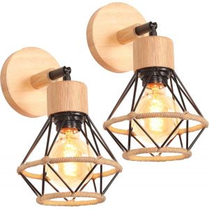 2 Packs Appliques Murales Industrielles Vintages Plafonniers Luminaires Interieur En Métal Et Chanvre Corde Lampe Murale Bois Réglable Design Pour Cuisine Salon Chambre (16cm-B-2pcs) - Neuf
