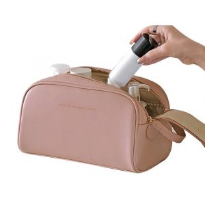 Trousse de maquillage rose &agrave; double fermeture &eacute;clair, id&eacute;ale pour les voyages et les cosm&eacute;tiques, en cuir synth&eacute;tique, 25 x 14,5 x 14,5 cm - Neuf