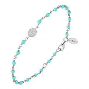 Bracelet Argent Rhodi&eacute; M&eacute;daillon Serti Blanc Et Pierre Amazonite - Neuf