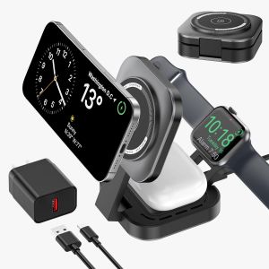 JGD-Chargeur sans Fil 3 en 1 pour appareils Apple, Chargeur Induction, 3 en 1 Station de Charge Rapide pour Magsafe iPhone 17/Air/16/15/14/13/12, Apple Watch, AirPods Pro/2/3/4 (Adaptateur Inclus) (G - Neuf