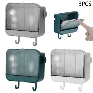 Lot de 3 porte-savons avec crochets, porte-savon mural pour douche, salle de bain, baignoire, évier de cuisine, sans perçage, couvercle anti-poussière, distributeur de savon mural - Neuf