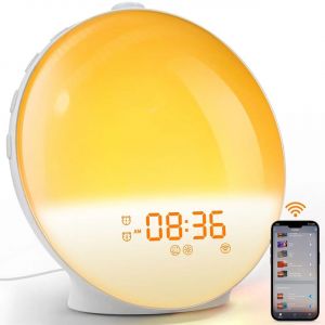 Lampe-réveil-Réveil avec le Lever du soleil/Coucher du soleil de la Simulation, Double alarme et Fonction Snooze, 7 Couleurs de Lumière d'Ambiance, 7 Sons de la Nature et de la Radio FM, Téléphone Intégré Port de Charge - Neuf
