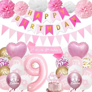 D&eacute;corations De 9E Anniversaire Pour Filles &iquest; Ballons En Latex En Forme De Chiffre 9 Pour F&ecirc;te D'Anniversaire &iquest; Banni&egrave;re De Ballons En Latex Pour D&eacute;coration De G&acirc;teau,&Eacute;charpe En Papier De Soie Pour - Neuf