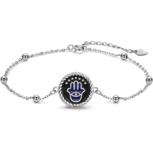 Eryi-Bracelet Hamsa Main De Fatma Pour Femme Argent Sterling 925 Émail Bleu Noir Protection Mauvais Oeil Chaîne Bracelet Avec Boules, Réglable 17+4cm - Neuf