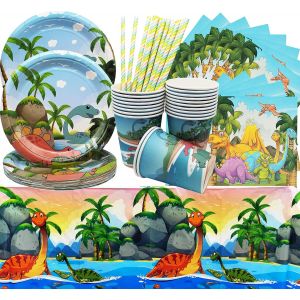 81pcs Particles De Fête De Anniversaire,Ensemble De Vaisselle De Dinosaure Comprennent Nappe De Table,Assiette,Tasse,Serviette,Pailles En Papier,Vaisselle De Fête Complète Pour 20 Convives - Neuf