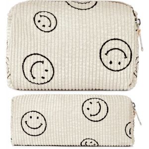 2 Pack de Grande Capacité Sac de Voyage Toilette (Blanc cassé), en Velours côtelé trousse de Maquillage avec un Visage Souriant, Multifonctionnel fermeture à Glissière Sac de Toile - Neuf