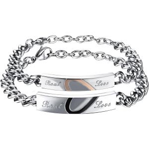 Kal-Bracelet Couple Amoureux 2 Pcs Bracelet Acier Inoxydable En Coeur Puzzle Grav&eacute; Real Love,2 Pcs Amour D'amitie Bijoux Fantaisie Pour Saint-Valentin Mariage Anniversaire No&euml;l - Neuf