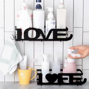 Étagère de Douche Sans Perçage | Lot de 3 Étagères de Douche Noires | Support Douche Ventouse "LOVE LIFE" & Porte Savon Douche avec Crochets | Porte Gel Douche Salle de Bain | Accessoires Douche - Neuf