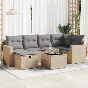 Salon De Jardin Avec Coussins 7 Pcs Beige Résine Tressée - Neuf