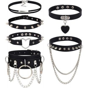 Asas-6 Pcs Gothique Cuir Collier Ras De Cou Femmes Punk Chaîne Clavicule Pu Noir Ras Du Cou Spike Collier Chocker Clouté Tour De Cou Rock Ceinture Coeur Collier Réglable - Neuf