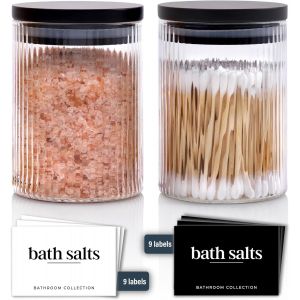 Lot De 2 Bocaux De Salle De Bain En Verre Strié De 300 Ml Avec Couvercles Hermétiques En Bambou Noir-Coton-Tige/Coton-Tige/Porte-Coton-Tige/Sel De Bain/Organisateur - Neuf