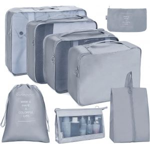 nzqaf-Organisateur Valise, Organisateur de Voyage, Lot de 8 Organiseurs de Bagage pour Voyage,Différents Tailles des Cubes Étanche Sacs de Voyage Rangement (Gris) - Neuf