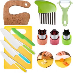 11 Pcs Kids Kitchen Knives Set-Safe Plastic Kitchen Safety Montessori Knife for Cutting and Cooking Fruit or Vegetable Chopping Board Y-Peeler Cutter - Neuf