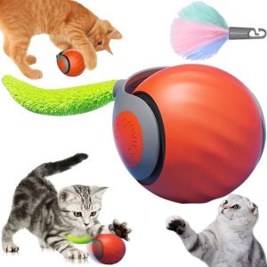 Cmws-Balle De Jouets Interactifs Pour Chats D'intérieur, Jouet Interactif Pour Chien Et Chat, Balle Roulante Automatiqu Avec Queue Duveteuse (Orange) - Neuf