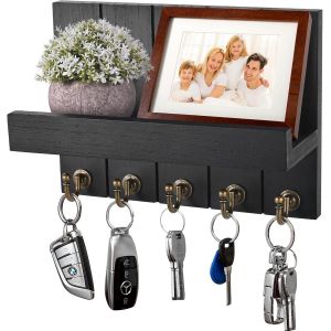 Cauc-Porte Clef Mural, Porte-Cl&eacute;s Mural En Bois, Avec 5 Crochets &Agrave; Cl&eacute;s, Pour Salon, Salle De Bain, Cuisine, Les Entr&eacute;es, Couloirs (Noir) - Neuf