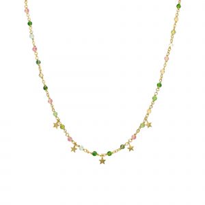 Collier Argent Dor&eacute; Pampilles &Eacute;toiles Et Pierres Multi Tourmaline - Neuf