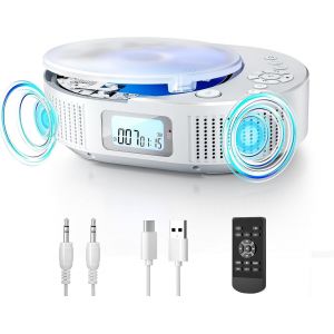 Lecteur CD Portable avec Bluetooth 5.0, Haut-Parleur HiFi, Lecteur de Musique CD avec t&eacute;l&eacute;commande, Radio FM Boombox Rechargeable, &eacute;cran LED, Support AUX/USB - Neuf