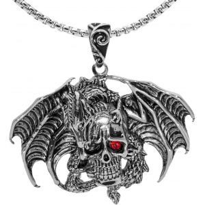 Trahoo-Collier Dragon Pour Homme Avec Pendentif Tête De Mort Ailes De Dragon Volant Gothique - Collier Avec Pendentif Tête De Mort Des Yeux Rouges - Chaîne De 23,6 - Neuf