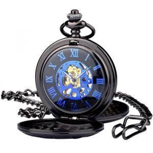 Zeiger Montre Poche Gousset Homme Rétro Steampunk Mécanique Noir Alliage Chiffres Bleu Pendentif Ouvert Deux Côtés - Neuf