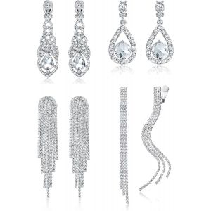 Kalhx-Boucles D'oreilles Pendantes &Agrave; Clip En Argent Pour Femmes Boucles D'oreilles Pompon Strass Ailes Scintillantes Pour Les Mari&eacute;es Demoiselles D'honneur Bijoux De Bal De Mariage Non Perc&eacute;s - Neuf