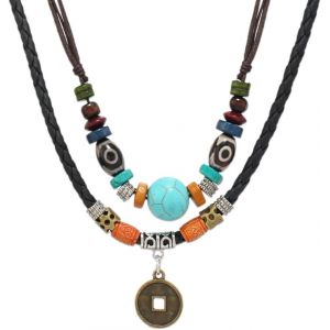 Kal-Collier Homme, Collier Homme Western En Alliage Tress&eacute; Avec Pendentif Pi&egrave;ce De Cuivre - Style Vintage R&eacute;tro - Inclut Petit Sac En Flanelle, Bijoux Homme, Tour De Cou Homme - Neuf